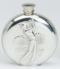 Round Flask Golf Pewter. A classic Round Pewter Hip Flask for the Golf lovers. This round flask has a Golfing scene on the front, holds 170ml (6oz) and has a screw cap.