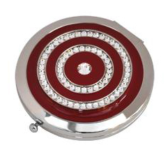 Handbag Mirror Round Burgundy Crystals. It has a small push button on the side for opening and could be engraved underneath.